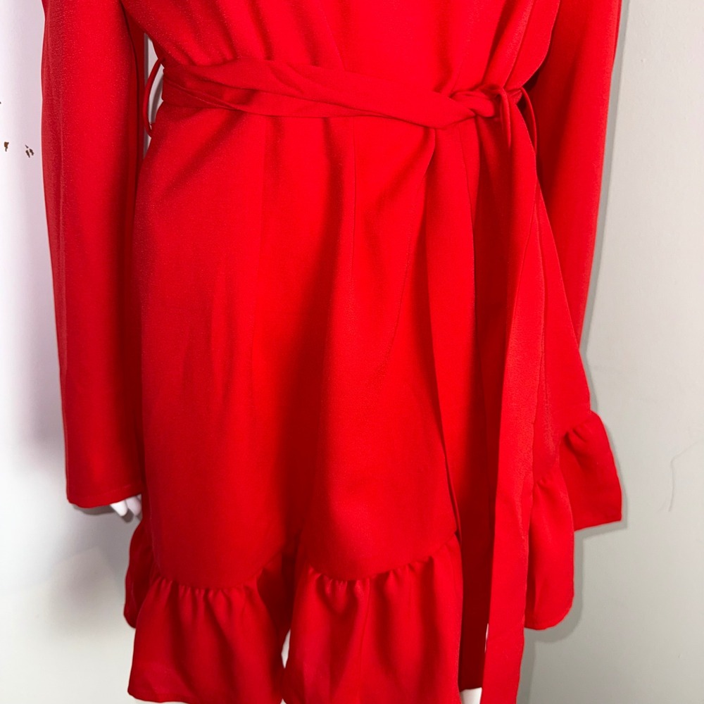 Red Mock Neck Long Sleeve Ruffle Hem Tie Waist Mini Dress Puff Shoulder Size M‎ - Picture 6 of 14
